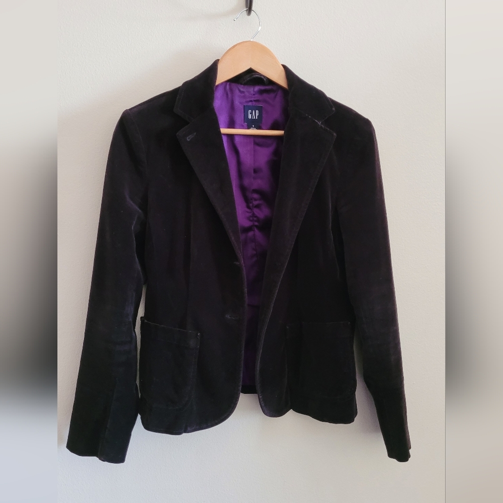 Y2K Gap Crushed Velvet Satin Lined 2 Button Blazer, Women's 6, Black & Purple - Picture 3 of 12